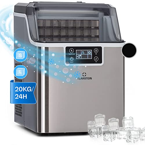 Klarstein Maquina de Hielo para Encimera, Maquina Hacer Cubitos de Hielo Domestica, Producción 20 kg., Depósito Agua Capacidad 3,2 l. Auto Limpieza, Ice Maker Sobremesa, Hielo Grande y Pequeño