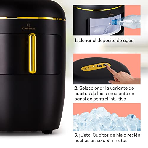 Klarstein Maquina de Hielo para Encimera, Maquina Hacer Cubitos de Hielo para Casa, Producción 15 kg, Depósito Agua Capacidad 2,3 l, Hielos Grandes y Pequeños, Ice Maker Sistema Auto Limpieza