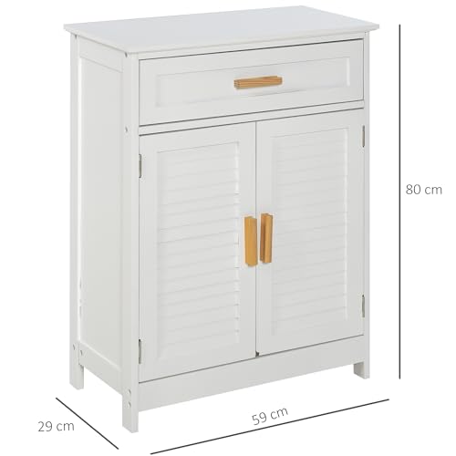 kleankin Armario Auxiliar para Baño Mueble de Baño Multifuncional con 1 Cajón 2 Puertas y Estante Ajustable Estilo Moderno 59x29x80 cm Blanco