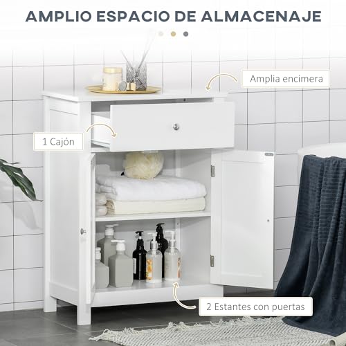kleankin Armario de Baño de Almacenaje Multifuncional Mueble Auxiliar con 2 Puertas 1 Cajón y Estante Interior Ajustable Antivuelco para Cocina Salón 60x30x80 cm Blanco