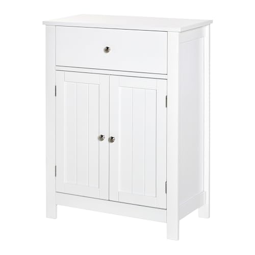 kleankin Armario de Baño de Almacenaje Multifuncional Mueble Auxiliar con 2 Puertas 1 Cajón y Estante Interior Ajustable Antivuelco para Cocina Salón 60x30x80 cm Blanco