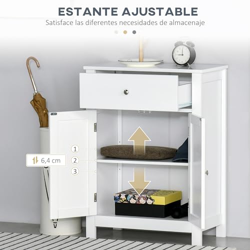 kleankin Armario de Baño de Almacenaje Multifuncional Mueble Auxiliar con 2 Puertas 1 Cajón y Estante Interior Ajustable Antivuelco para Cocina Salón 60x30x80 cm Blanco