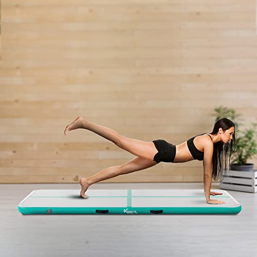 KM Fit - Esterilla de gimnasia inflable Airtrack para gimnasio, 3 m, color verde menta, incluye bolsa de transporte, bomba de aire eléctrica y juego de parches, resistente a los rayos UV