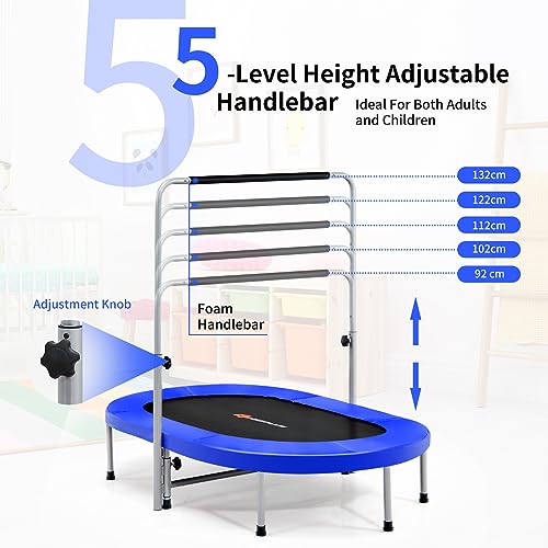 KOMFOTTEU Trampolín de Fitness para 2 Personas, Cama Elástica con Mngo Ajustable en 5 Niveles, Mini Trampolín Plegable con Carga de 150 kg, Cubierta Acolchada de Seguridad, para Niños y Adultos