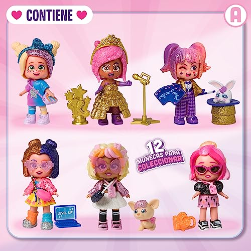 KOOKYLOOS Serie Glitter Glam – Caja con 6 muñecas coleccionables con Accesorios de Moda, Ropa, Zapatos y Juguetes, con 3 Expresiones Divertidas. Versión A
