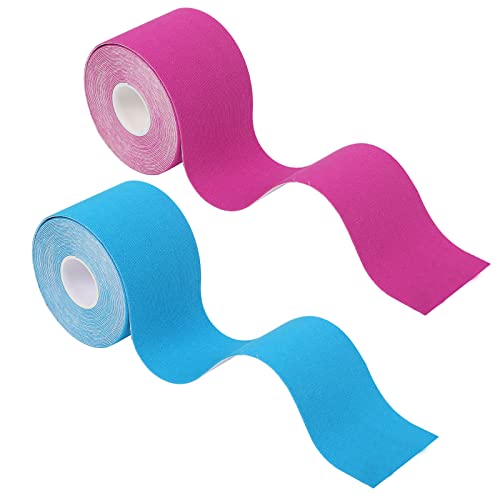 KOSHIFU 2 Rollos Cinta de Kinesiología Deportiva 5 m x 5 cm Cinta de Kinesiología para Recuperación y Alivio Muscular Venda Elastica Adhesiva para Rimeros Auxilios Lesiones Deportivas Azul y Rosa