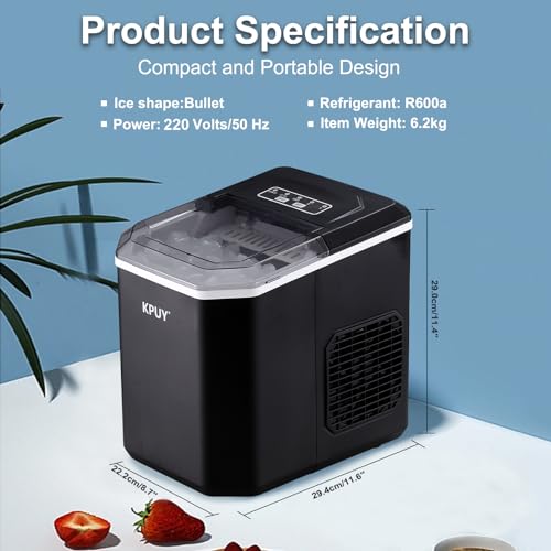 KPUY Máquina de hielo autolimpiable para encimera, para hogar, 9 cubitos listos en 6-13 minutos, 12 kg en 24 horas, máquina portátil para hacer cubitos de hielo para cocina/oficina.