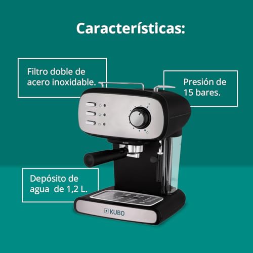 kubo Cafetera Espresso, Presión 15 bar, Depósito Agua 1.2L, 850W, Vaporizador para capuchino o bebidas con leche, Limpieza Fácil
