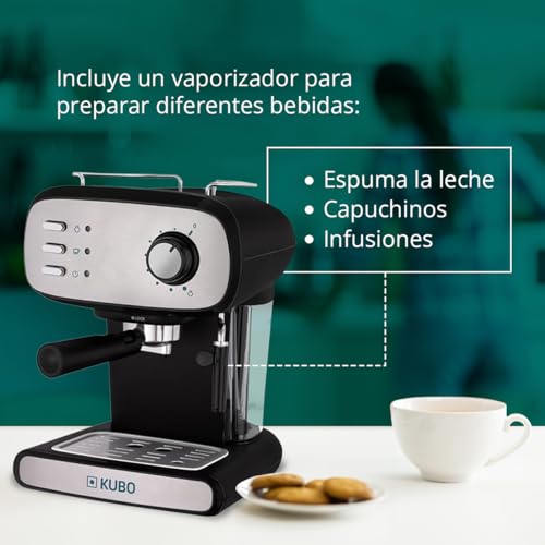 kubo Cafetera Espresso, Presión 15 bar, Depósito Agua 1.2L, 850W, Vaporizador para capuchino o bebidas con leche, Limpieza Fácil