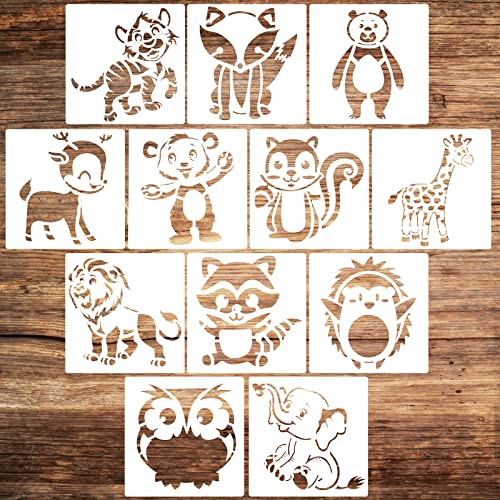 KYSUN 12 Piezas Plantillas de Plantillas de Animales, Plantillas de Dibujo, DIY Plantilla Decorativa, Plantillas de Pintura para Niños, Cuaderno, Diario, Pintura De áLbum De Recorte, 5.12 * 5.12 in