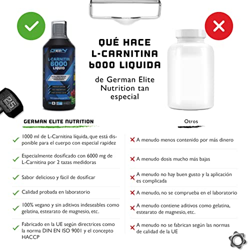 L-Carnitina 6000 Líquido - 1000 ml - Dosificación extra alta con 6000 mg de L-Carnitina pura por porción diaria - Bebida de entrenamiento de aminoácidos - Sabor delicioso (Cherry Madness)