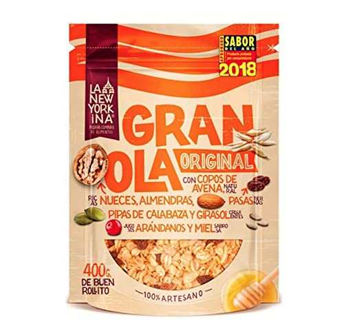 LA NEWYORKINA Granola Original con Miel de Asturias, Aceite de Oliva Virgen Extra y Frutos Secos. Snack Saludable y Crujiente para Desayuno y Merienda. Granola Artesanal en Envase de 400g (2x400g)