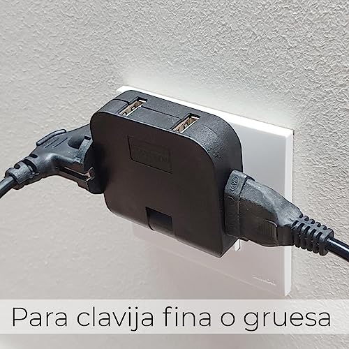Ladrón Enchufe Ultra Plano, 4 en 1: 2X Puertos USB y 2X enchufes (Adaptador Europeo y Americano), Cabezal Giratorio 180 Grados