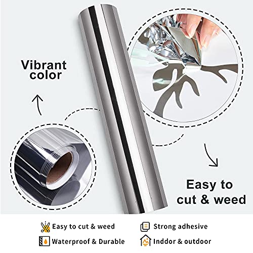 Lámina de vinilo holográfica cromada de Plata, brillante metálico adhesivo permanente Silver rollo 30,5 x 250cm, para manualidades, herramientas Silhouette Cameo Cricut (Plata)