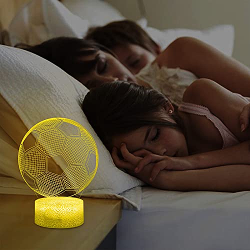 Lámpara 3D Fútbol de Ilusión óptica Luz Nocturna Infantil, Lámpara de Noche de 16 Colores con Control Remoto, Lámpara de Decoración Regalo Para Niños Hombres(Base Agrietada)