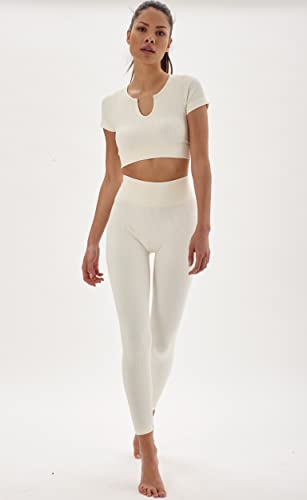 Laura Lily - Conjunto de ropa deportiva para mujer sin costuras de canalé leggings de talle alto y top camiseta fitness para yoga y gym. Cuev Blanco-S