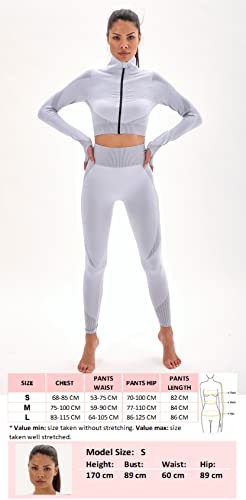 Laura Lily - Conjunto de ropa deportiva para mujer sin costuras de canalé leggings de talle alto y top camiseta fitness para yoga y gym. Lon Gris Blanco-M