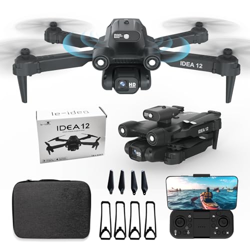 le-idea Dron con Cámara HD Ajustable 1080P, IDEA12 FPV, Posicionamiento óptico de Flujo y Evasión Activa de Obstáculos de 360°, Cuadricóptero RC Plegable Para Principiantes, 3D Flips, 2 Baterías