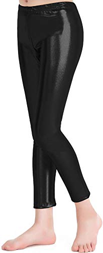 Leggings Brillantes para Niña 4-12 Años, Cintura Elástica y Largo hasta el Tobillo, Mallas para Danza Disco Jazz Baile y Fiesta (Negro, 10 años)
