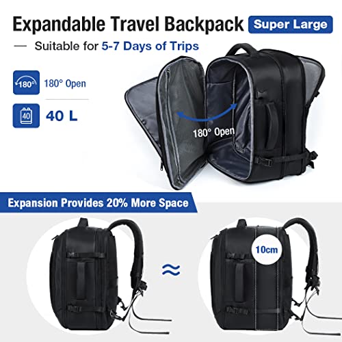 Lekespring Mochila Viaje Cabina Avion Extensible (30L-40L) | Mochila Viaje Mujer Hombre con 6 Bolsas Organizadoras- Vueling Iberia United Ryanair Air Europa - Expandible Negro