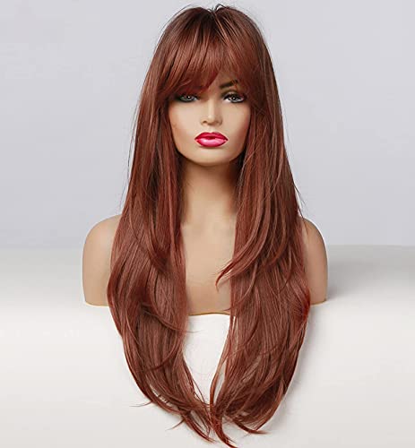 LEMEIZ Peluca pelirroja, degradado, con flequillo, la mejor peluca sintética para mujeres, de color rojo cobre, castaño con raíces oscuras, lisa, 61 cm, LEMEIZ-148