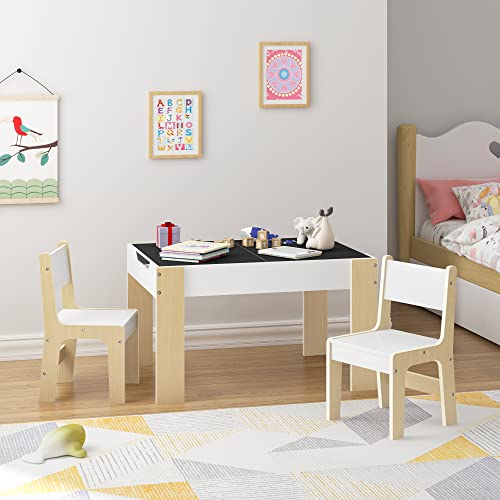 Lestarain Juego de Mesa Infantil con Cajones de Almacenamiento, Mesa Infantil con 2 Sillas de Madera Pizarra para Sala de Juegos Habitación de Niños, 81,5 x 60,5 x 48 cm, Blanco y Natural