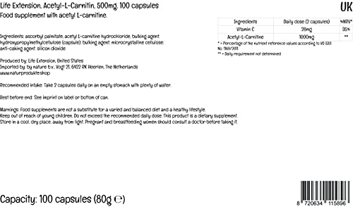 Life Extension, Acetyl-L-Carnitin, 500mg, con Vitamina C, Dosis Alta, 100 Cápsulas veganas, Probadas en Laboratorio, Sin Gluten, Vegetarianas, Sin Soja, No GMO