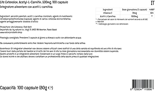 Life Extension, Acetyl-L-Carnitin, 500mg, con Vitamina C, Dosis Alta, 100 Cápsulas veganas, Probadas en Laboratorio, Sin Gluten, Vegetarianas, Sin Soja, No GMO