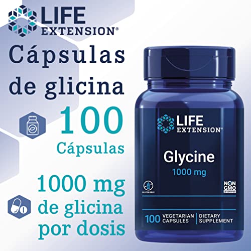 Life Extension, Glycine 1000mg, Alta Dosis, 100 Cápsulas veganas, Probadas en Laboratorio, Sin Gluten, Vegetarianas, Sin Soja, No GMO