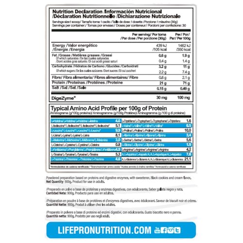 Life Pro Casein Pro 900g | Caseína de Absorción Lenta | Aporte Proteico Continuado Para Mantenimiento y Recuperación de Masa Muscular (BLACK COOKIES WITH CHOCO BITS)