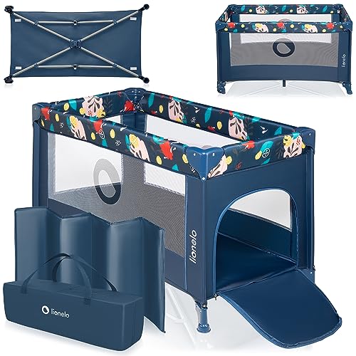 LIONELO Stefi Cuna Bebe Parque Infantil Bebe Apertura Lateral colchoneta protección contra el Plegado LockGuard Lados de Tela de Malla Bolso de Transporte (Azul Oscuro)