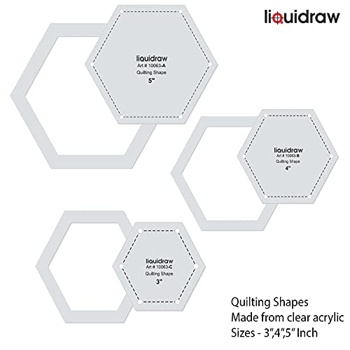 Liquidraw Juego de 3 plantillas y reglas para patchwork, acrílico, hexagonales, corazones, cuadrados y estrellas (juego de 3 hexágonos)