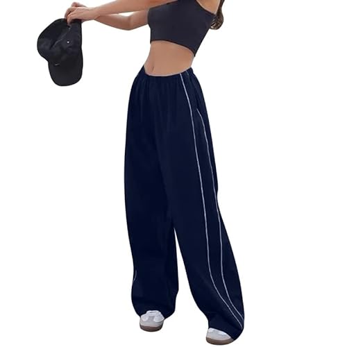 Litthing Pantalones Cargo Mujer Pantalon con Bolsillos Laterales Elásticos Recto Parachute Pants Hippies Harajuku Streetwear Hip Hop Pantalones Anchos Vintage de Cintura Alta