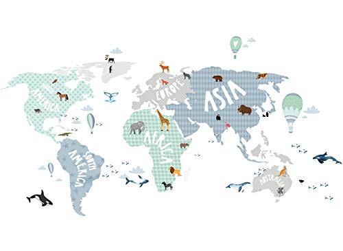 Little Deco Tatuaje de pared Mapa del mundo Animales gris azulado verde I (WxH) 80 x 42 cm I Pegatina de pared Pegatina de pared Habitación infantil Cartel adhesivo para niños DL130