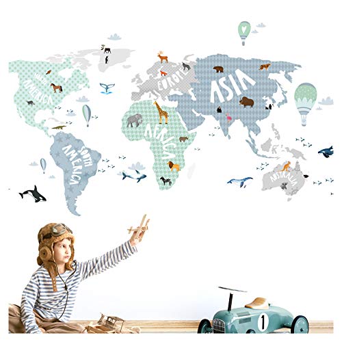 Little Deco Tatuaje de pared Mapa del mundo Animales gris azulado verde I (WxH) 80 x 42 cm I Pegatina de pared Pegatina de pared Habitación infantil Cartel adhesivo para niños DL130