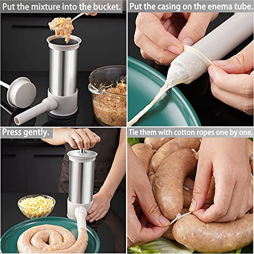 Lixiin Máquina Salchichas, Embutidora de Chorizos Máquina de Salchichas Embutidos Manual de Acero Inoxidable con 4 Tubos de Llenado para Hogar Fiesta (Capacidad 2.2L)