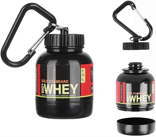 Llavero Proteína Whey Portátil 100ML y 200ML, Mini Bote Recipiente para llevar Suplementos de Bebida en Polvo. Contenedor Botella para Gym. Incluye Mosquetón. (100ML / Negro)