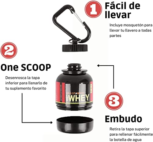 Llavero Proteína Whey Portátil 100ML y 200ML, Mini Bote Recipiente para llevar Suplementos de Bebida en Polvo. Contenedor Botella para Gym. Incluye Mosquetón. (100ML / Negro)