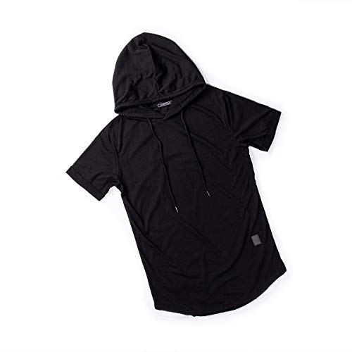 Loalirando Sudadera de Verano para Hombre Top Sudadera de Manga Corta con Capucha Camiseta Deportiva de Color Sólido para Hombres T-Shirt Slim Ajustado con Cordón para Diario Deporte (Negro, L)
