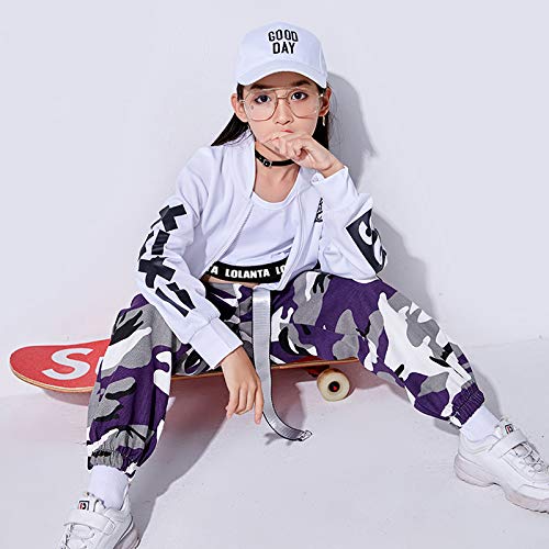 LOLANTA 2 Piezas Niñas Hip Hop Street Dance Solo Ropa Set Crop Tank Top+Camuflaje Jogger Pantalones, Morado, 140
