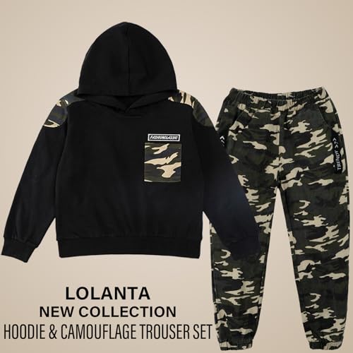 LOLANTA 2PCS Niños Chándal Conjunto Sudadera con Capucha y Camuflaje Cargo Pantalones Traje, Negro, 11-12 años, 160