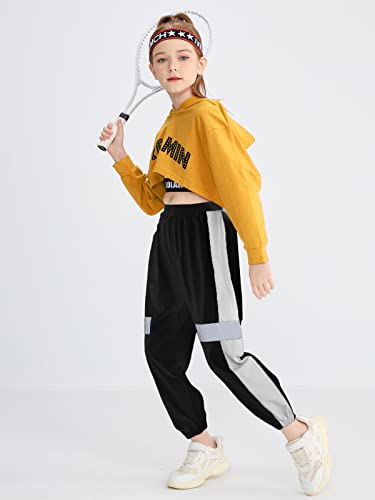 LOLANTA 3Pcs Girls Hip Hop Dance Costume Niños Street Dance Clothes Set Sudadera Corta con Capucha, Camiseta sin Mangas, Pantalones Reflectantes
