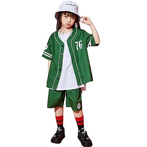 LOLANTA Conjunto de ropa de jersey de estilo callejero para niños, camisa de béisbol con botones de gran tamaño y pantalones cortos
