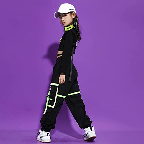 LOLANTA Traje de baile callejero Hip Hop para niñas, conjunto de ropa elegante de pantalones cargo, Negro, 10-11 Años,Tag 150