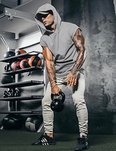Lomon Camiseta sin mangas para hombre, camiseta deportiva delgada para fitness, chaleco muscular, sin mangas, sudaderas con capucha con bolsillos, A-gris, L