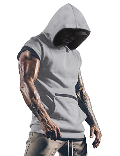 Lomon Camiseta sin mangas para hombre, camiseta deportiva delgada para fitness, chaleco muscular, sin mangas, sudaderas con capucha con bolsillos, A-gris, L
