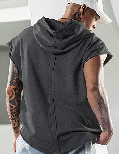 Lomon Camiseta sin mangas para hombre, sin mangas, para entrenamiento, deporte, fitness, camiseta interior con capucha, Color gris oscuro., M