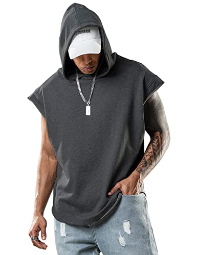 Lomon Camiseta sin mangas para hombre, sin mangas, para entrenamiento, deporte, fitness, camiseta interior con capucha, Color gris oscuro., M