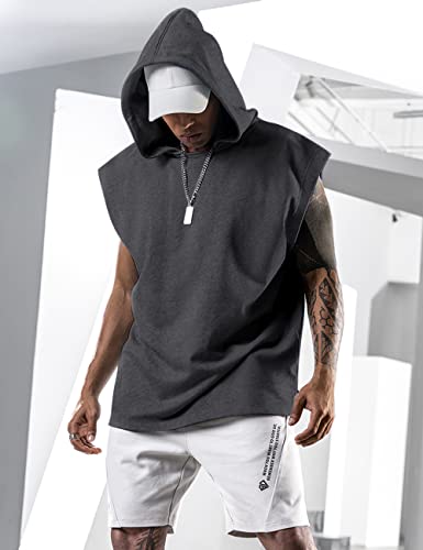 Lomon Camiseta sin mangas para hombre, sin mangas, para entrenamiento, deporte, fitness, camiseta interior con capucha, Color gris oscuro., M