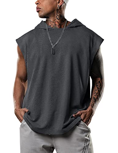 Lomon Camiseta sin mangas para hombre, sin mangas, para entrenamiento, deporte, fitness, camiseta interior con capucha, Color gris oscuro., M